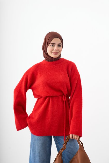 Women's Crew Neck Waist Tie Knitwear Tunic Red