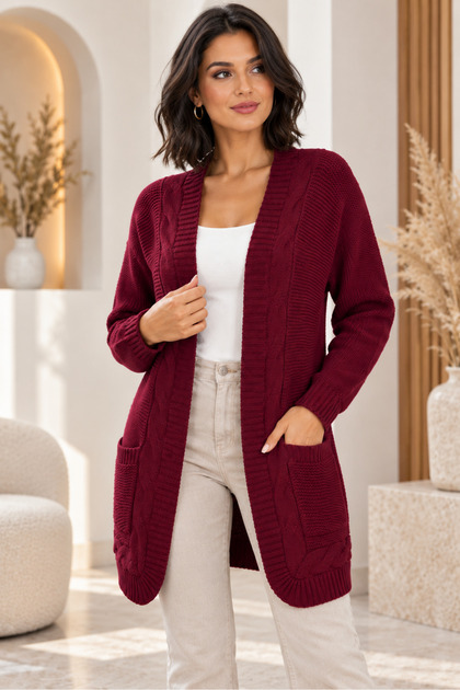 Women's Long Sleeve Front Back V-Neck Open Front Double Pockets Hair Braided Soft Elegant Casual Burgundy Knitwear Cardigan