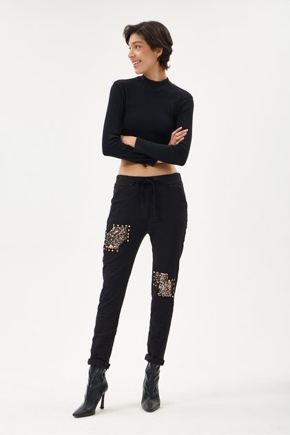 Women's Black Italian Sequined Lycra Washable Pants Size 38 - 44