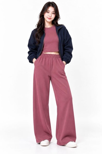 Women's Ribbed Knitted Fabric Crew Neck Crop Loose Fit Comfortable Tracksuit Set of 2