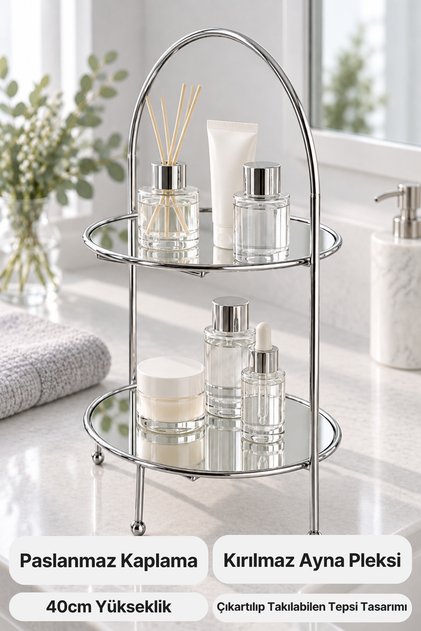 Kubbe Gümüş Aynalı Kahve Yanı Sunumluk Organizer Hediyelik Dekorasyon Ikramlık Organizer Mdf Ahşap 40cm