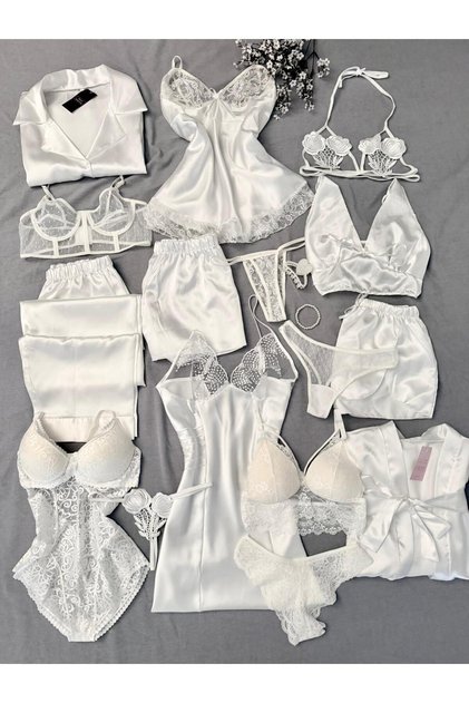 Kutulu Beyaz Bibo 16 Parça Saten Pijama Gecelik Sabahlık Iç Giyim Çeyiz Seti