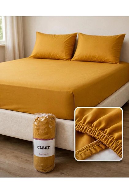 100% Cotton Ranforce Fabric Double Fitted Sheet Set 160X200 Cm+30 cm Mustard