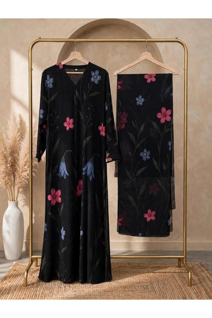 Black Floral Abaya Set with Hijab - Double Chiffon Open Abaya with Floral Print - Modest Long Sleeve Abaya Dress