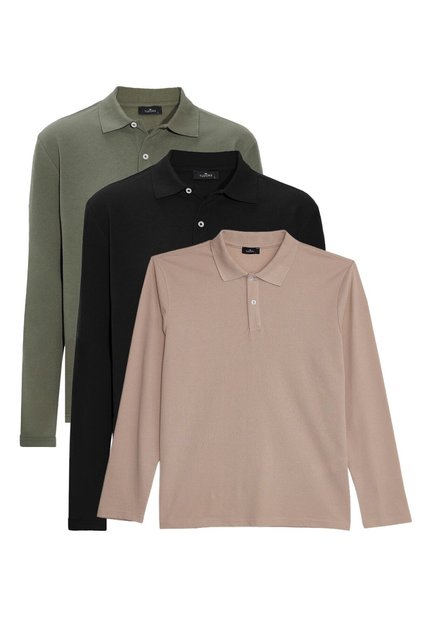 Erkek 3'lü Pkt Haki-Siyah-Taş Standart Fit Normal Kesim Pamuklu Pike Polo Yaka Sweatshirt