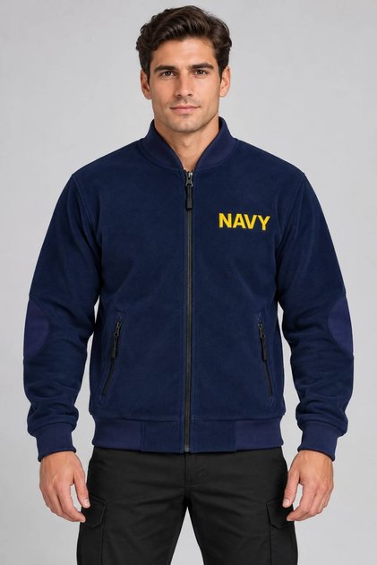 Men's Zippered Stand Collar Navy Blue Long Sleeve Casual Jacket with Pockets