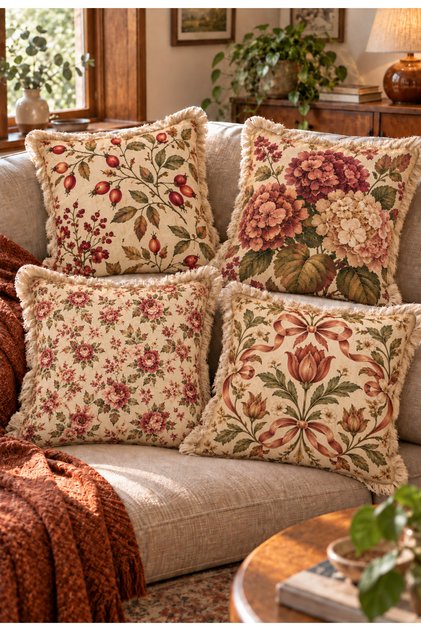 Heritage Blossom Floral and Rosehip Patterned Fringed Decorative Throw Pillow Cover Set of 4 | Cream Tile Burgundy Vintage Decor