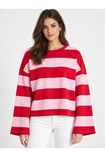 Women's red pink wide sleeve wide striped oversize two thread sweatshirt