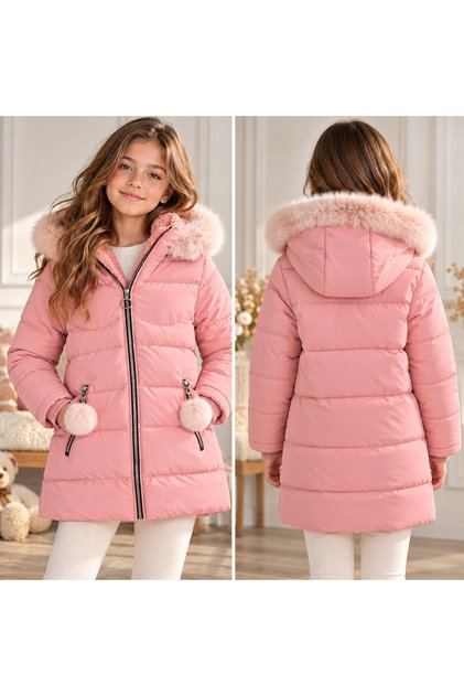 Special Production Nova Fabric Girls' Hooded Coat Powder Color Zipper Winter Thick Coat