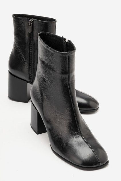 Vanisse Women's Genuine Leather Boots Black Rabat Thick Block Heeled Boots
