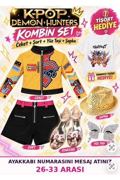 Kpop Huntrix Rumi Leather Jacket - Shorts - Face Stone - Kpop High Heels - Gold Sequin Party Hat Birthday Party Set (with Manifest T-Shirt Gift)