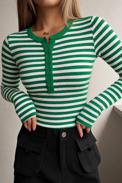 Women's Green White Striped Button Detailed Placketed Buttoned Crew Neck Long Sleeve Ribbed Camisole Blouse
