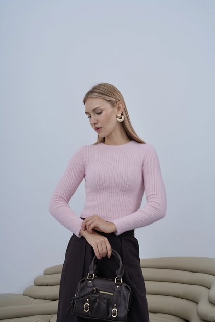 Ribbed Crew Neck Soft Sweater Pink