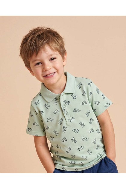 Boys Green Printed Polo Shirt