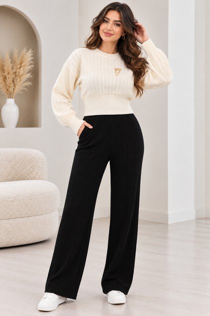 Women's Knitwear Crop Set Knitted Sweater and Wide-Leg Pants 2-Piece Stylish Combination