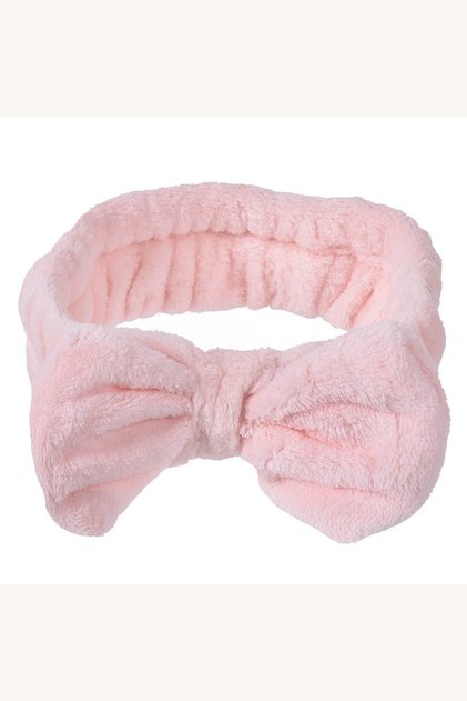 Bentiță pufoasă lată pentru machiaj și skincare, cu fundă mare, roz nud, 6 cm lățime