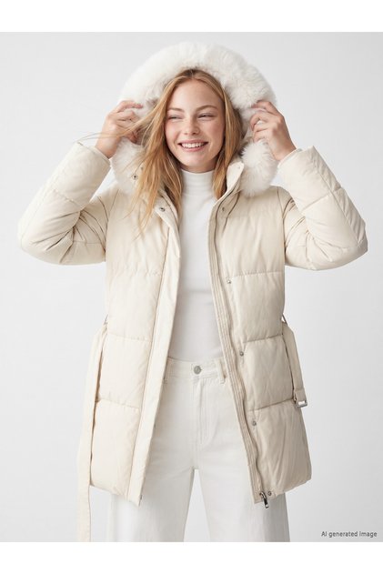 Women's Long Puffer Coat Fur Hooded Belted Zipper Winter Casual Coat W6Bh45D8