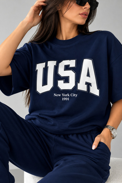 Usa T-Shirt Sweatpants Jogger- Navy Blue Printed Top and Bottom Sweatpants Set Oversize Crew Neck