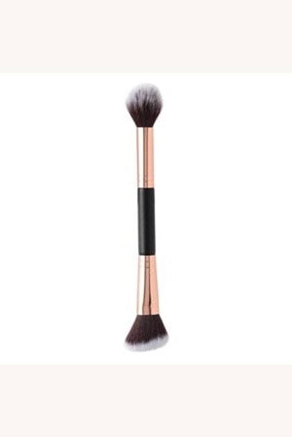 Pensulă de machiaj cu două capete, unul oval și unul oblic, neagră cu roz auriu, 20 cm