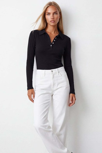 Women's Black Polo Collar Half Placket Buttoned Camisole Blouse Alc-X15598
