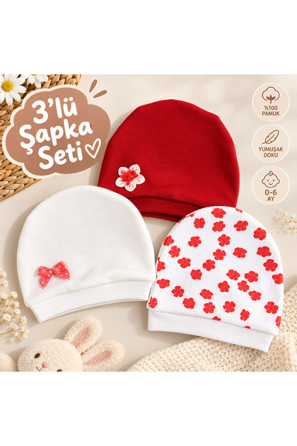 Baby Girl 3-Piece Beret Set – Red and White Newborn Baby Hat with Bow and Flower Detail