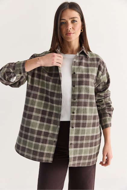 Women's Brown-Khaki Oversize Plaid Patterned Lumberjack Shirt Dg261035 60286552
