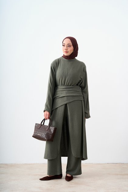 Women's Shawl and Slit Detail Waist Tie Set Green