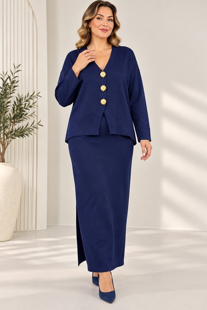 Plus Size Slit Skirt Suit Navy Blue