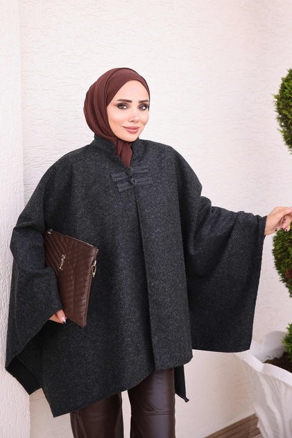 Smoked Chinese Knot Detailed Cashmere Poncho