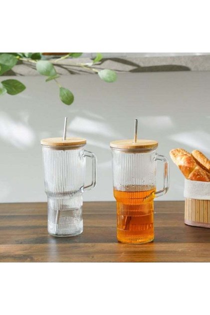 Danube Essential 2 -Piece Glass Handled Mug With Bamboo Lid,1000 Ml | Glass,Wood Mug | Coffee Mug For Home Kitchen Dining - Clear