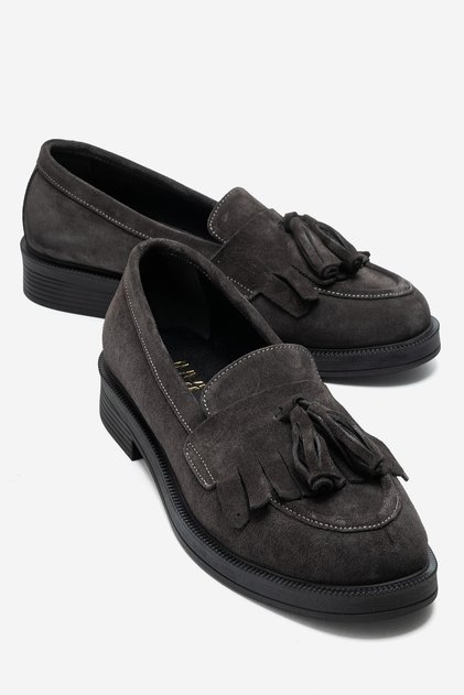 Mili Na Anthracite Suede Tasseled Genuine Leather Women's Loafer Shoes