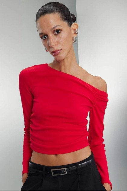 Slim Fit Tight Fit One Shoulder Rib Basic Plain Long Sleeve T-Shirt D4970Ax24Au