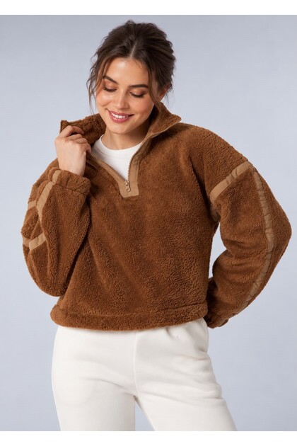 Women's Plush Oversize Half-Zipper Sweatshirt with Stripe Detail