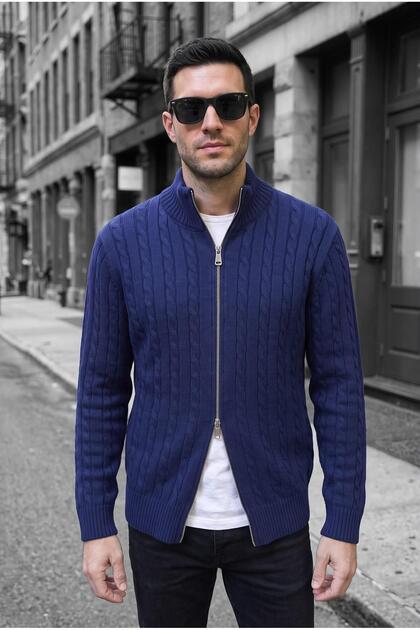 Mx Men's Stand Collar Reversible Zipper Hair Knit Sweater Cardigan - Slim Fit Textured Knitted Jacket