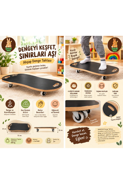 DKMTOYS Ahşap Tekerlekli Denge ve Terapi Kaykayı – Montessori Çekme İpli Eğitici Aktivite Boardu