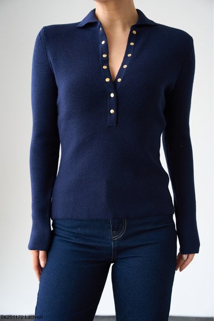 Women's Snap Fastener Polo Collar Long Sleeve Knit Sweater