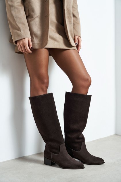 Herbert Bitter Brown Suede Leather Pointed Toe Block Heel Women's Riding Boots