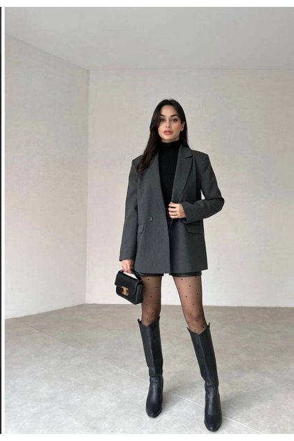 Single Button Oversize Dark Gray Blazer Jacket