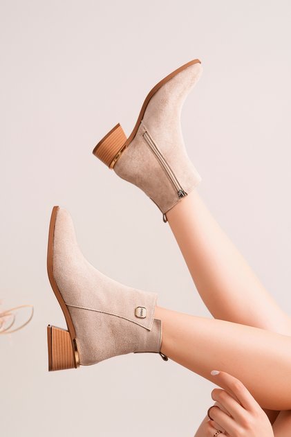 Beige Suede Gold Buckle Detailed Thick Heeled Zippered Women's Boots