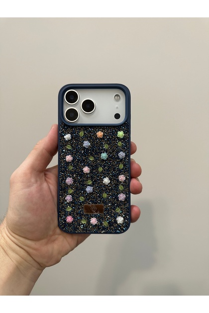 iPhone 18 Promax Compatible Dark Blue Color Sparkling Crystal Stone 3D Flower Pattern Luxury Phone Case