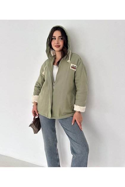 Women's Plush Lined Hooded Straw Rope Lace-Up Zippered Oversize Gabardine Coat