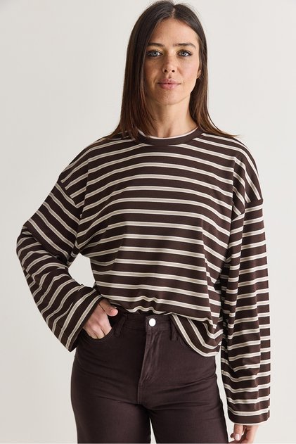 Women's Brown-Beige 100% Cotton Striped Crew Neck Off-Shoulder Oversize Sweatshirt 12785 60286696