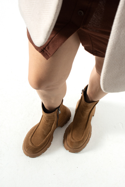 Lucas Genuine Leather Suede Tan Serrated Sole Zippered Women's Boots
