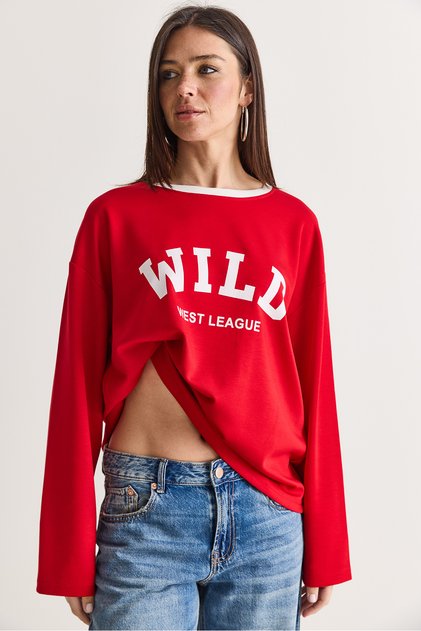 Women's Red Wild Printed Crew Neck Oversize Long Sleeve Sweatshirt 2392 60286691