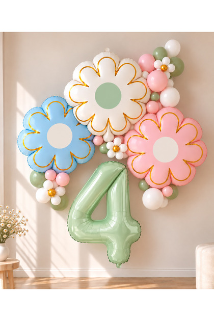 Party 4 Years Old Triple Daisy Foil Balloon Water Green Numbered Birthday Decoration Set (1-9 Years Old)