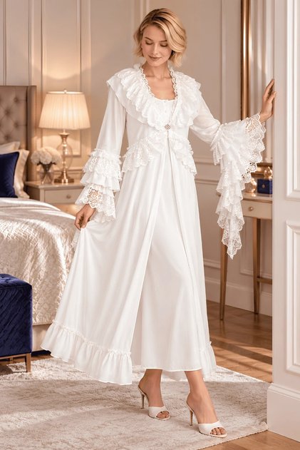 Women's Long Sleeve Guipure Detailed Dressing Gown and Long Sleeve Nightgown 2-Piece Set 75% Viscose 25% Cotton