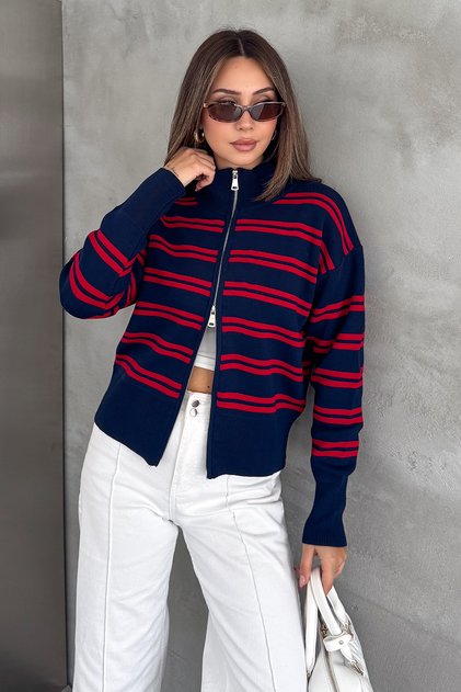 Women's Striped Double Zipper Polo Collar Knitwear Cardigan