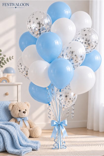 Baby Blue Concept 20-Piece Macaron Blue White Transparent Balloon Set with Silver Confetti Baby Blue Baby Shower Birthday Party Event Decoration Balloon