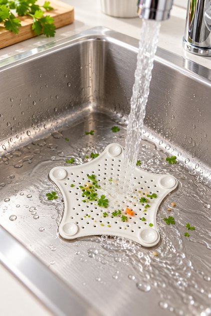 Tuffex Star-Shaped Suction Cup Sink Strainer – White Kitchen and Bathroom Drain Strainer, Hair and Food Residue Catcher