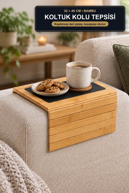 Bamboo Sofa Arm Tray 32X40 cm Sofa Arm Table with Non-Slip Leather Surface